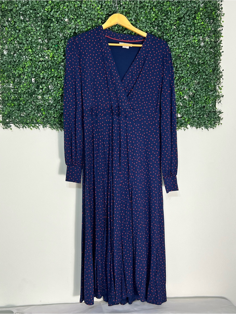 Boden Navy Blue Polka Dot V-Neck Long Sleeve Midi Jersey Dress US 14R